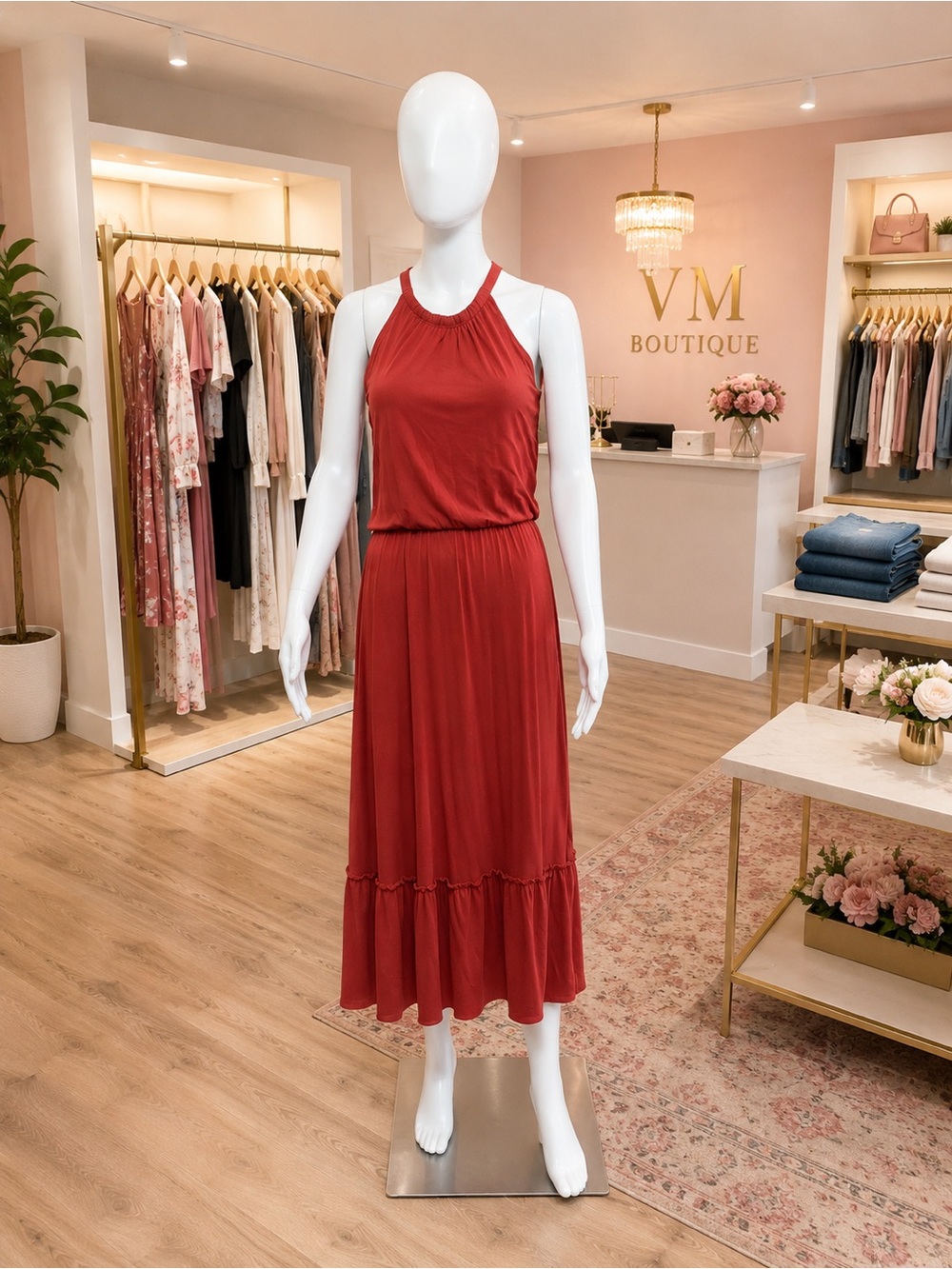 NWOT Rachel Zoe Brick Red Sleeveless Halter Maxi Dress